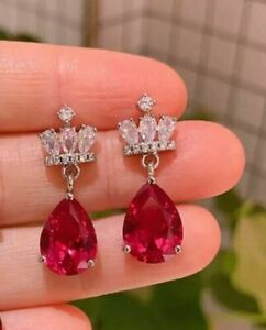 Pear Cut Lab-Created Red Ruby Women's Drop/Dangle Earrings 14K White Gold Finish