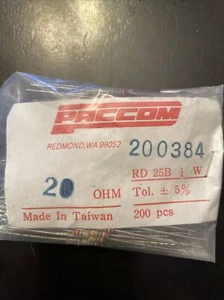 (200) Pcs Paccom 1/4watt 20 Ohm 5% Resistors - Picture 1 of 2