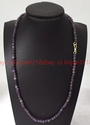 Natural Beautiful 4mm Purple Amethyst Round Gemstone Beaded Necklace 16-28in - Image 1 of 4