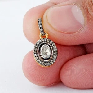 Colgante de joyería de plata 925 con dije ovalado de corte rosa natural Polki pavimentado diamante - Imagen 1 de 3