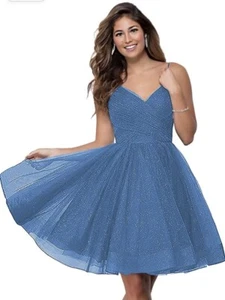 Vestido formal Lavetir Tul brillante azul claro hasta la rodilla graduación regreso a casa talla 14 - Imagen 1 de 6