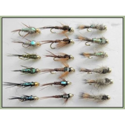 TROUTFLIES UK BARBLESS 18er Pack Goldhead Nymphen, Fasanenschwanz, Hasenohr, Übel 10/12