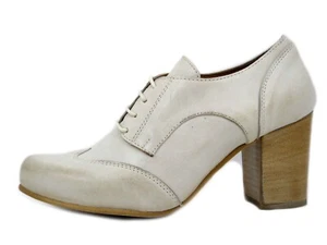 Francesine Donna Scarpe Stringate Pelle Beige Tacco Medio 7 cm Made in Italy - Picture 1 of 5