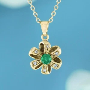 9K Yellow Gold Natural Emerald Diamond Floral Pendant - Picture 1 of 6