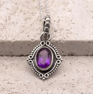 Collar ovalado minimalista colgante de piedra amatista púrpura de plata de ley de 20" pulgadas Foto 1 de 4