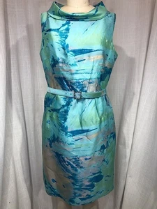 Vintage Inspired 60s Blue and Green Abstract Print Wiggle Dress - Picture 1 of 5