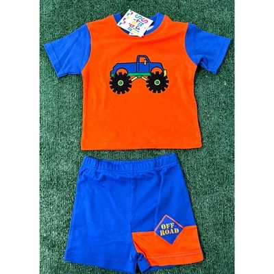 Conjunto Camiseta Pantalones Cortos Vintage Y2K Pequeños Pasos Talla 24 M Azul Naranja Monster Truck  Foto 1 de 4