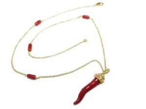Collana in Argento 925 PL oro 18 da Donna e Uomo con Ciondolo Corno di Corallo - Picture 1 of 2