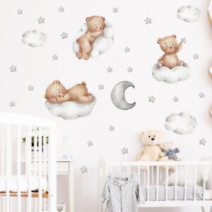 Cute Teddy Bear Sleeping Nursery Wall Sticker Moon Stars Clouds Wall Decor AU