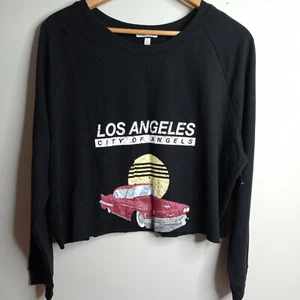 Derek Heart Women's Crop Sweatshirt Los Angeles Raw Cut Black Plus Size 3X - Picture 1 of 12