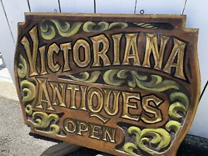 "Vintage Redwood handgeschnitzt ""Victoriana Antiquitäten offen"" Holzladenschild 27""" - Bild 1 von 8