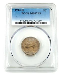1943-D 5C Jefferson Nickel Graded by PCGS as MS67FS Full Steps - Picture 1 of 4