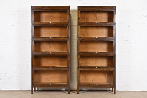 Antique Shaw Walker Arts & Crafts Mahogany Five-Stack Barrister Bookcases, Pair Cover