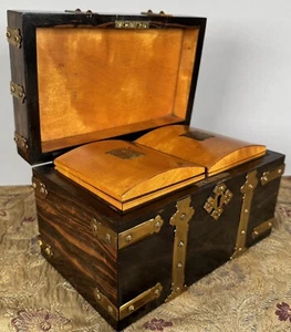 Antique English Coromandel Satinwood Brass Tea Caddy Box 19th Century Victorian - Picture 1 of 21