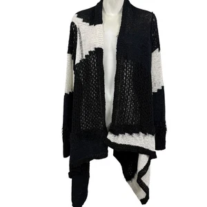 Chicos Open Chunky Open Knit Blue Black White Asymmetric Cardigan Sweater sz 2 L - Picture 1 of 15