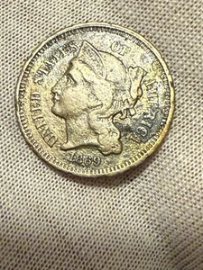 1869 Philadelphia Mint Three Cent Coin Au+ Toned Wood Grain Effect - Picture 1 of 2