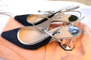 Miu Miu Suede Navy Blue & Silver leather Slingbacks Unique Metallic Heel sz 37.5 - Picture 1 of 12