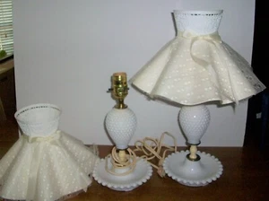 Pair White Milk Glass Hobnail Table Lamps & Shades Ivory & White Vintage 12” - Picture 1 of 6