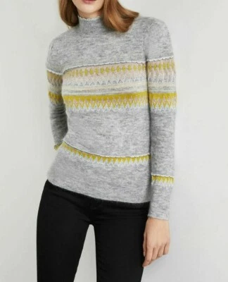 $248 NOVO COM ETIQUETAS BCBGMAXAZRIA Tamanho XS SUÉTER MISTO INTÁRSIA GOLA ALTA LÃ METÁLICA CINZA - Imagem 1 de 4