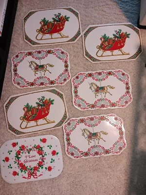 Lot 8 Vintage Christmas Placemats Sleigh Horses Hearts Vinyl Town & Country  - Image 1 of 4