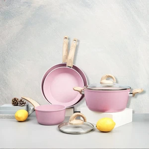 Juego de ollas y sartenes rosas antiadherentes, juego de utensilios de cocina de cerámica con patrón de granito K... - Imagen 1 de 12