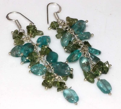 Pendientes de piedras preciosas de turmalina verde cuarzo azul uvas con cuentas 3" JW Foto 1 de 3