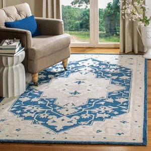 Micro-Loop Collection Area Rug - 9' x 12', Navy & Ivory, Handmade Medallion W... - Picture 1 of 9