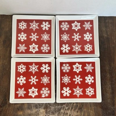 Crate & Barrel 6” Square Snowflake Plates Set 4 Red White Dessert Appetizer  - Image 1 of 4