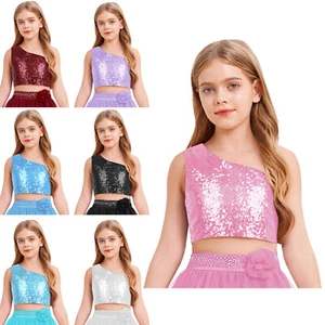 Girls Sleeveless Tops Solid Color Off-the-shoulder Tops Warm Event Sequin Tops - Picture 1 of 83