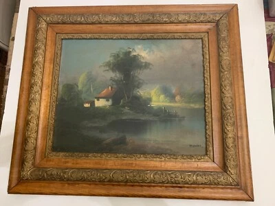 Antique Farm House Landscape Oil Painting on Board Signed Wood Gesso Frame Foto 1 de 4