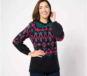 Denim & Co. Canyon Retreat Balloon Sleeve Fair Isle Sweater-Black-XL-NEW-A625859 - Picture 1 of 2
