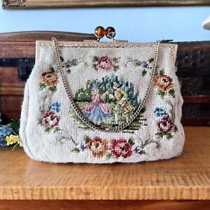 Vintage Needlepoint Courting Couple And Flowers Purse Handbag / Amber Closure /