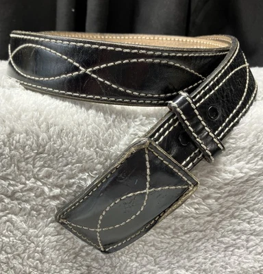 复古 Sears 黑色皮革皮带带皮革扣白色缝线适合 32-36 英寸 — 第 1/4 张图片