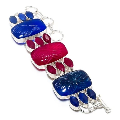 Bracciale in argento sterling 925 con pietre preziose di giada rossa simulate... - Immagine 1 di 4