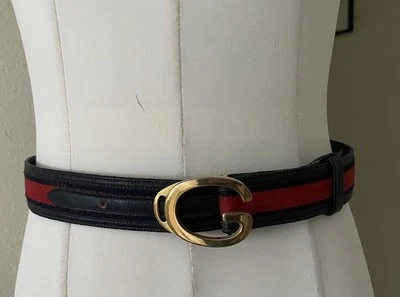 Raro Cinturón De Colección Gucci Logo Azul Marino Oscuro Cuero Rojo Algodón Rayas -Talla 70/28 Foto 1 de 4