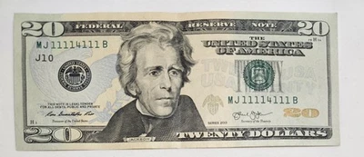 Federal Reserve Note Fancy $20 Bill Near Solid 7 Of A Kind 1’s Circulated  - Image 1 of 4