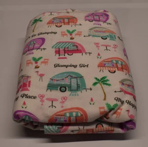 3 yard JOANN SUPER SNUGGLE FLANNEL lets go glamping girl CAMPING RV PINK PURPLE - Picture 1 of 5