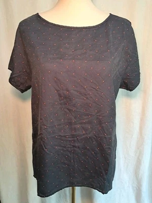 Top J.Crew Talla M Azul Marino Rojo Lunares 100% Seda Manga Corta Calce Cuadrado Foto 1 de 4