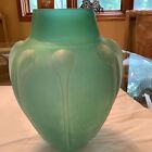 Antique Glass Vase 9”x6”x3” opening Green Frosted Matte 1 Chip RARE UNIQUE 