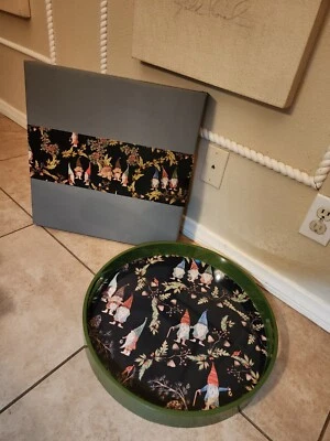 NEW Pottery Barn Forest Gnome Serving Drink ROUND Tray Christmas holiday BLACK - Image 1 of 4