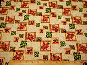 Christmas Fabric 7/8 Yard Red Poinsettia Star Metallic Cream Premium Cotton #1 C - Picture 1 of 2