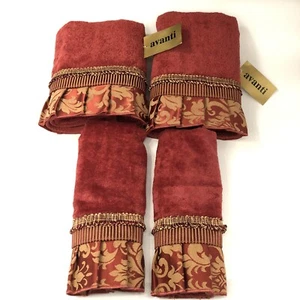 Juego de 4 toallas de baño Avanti Home emperatriz plisadas adornadas en oro rojo NUEVO - Imagen 1 de 8