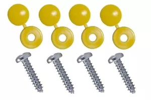 4pc Number Plate Self Tapping Screws With Yellow Hinged Caps - Picture 1 of 4