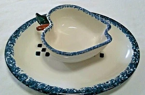 CHAPARRAL POTTERY USA 10 3/4" OVAL PLATTER & 5" APPLE BOWL STONEWARE SPONGE ART - Picture 1 of 11