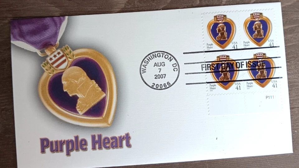 ФИОЛЕТОВОЕ СЕРДЦЕ ВОЕННАЯ МЕДАЛЬ ДЖОРДЖ ВАШИНГТОН 2007FLEETWOOD CAC FDC ПЛАСТИНА #БЛОК - Изображение 1 из 1