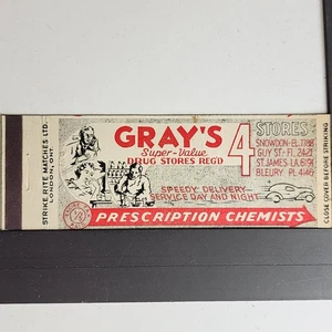 Gray's Drug Stores Toronto Vintage 40er Jahre rot schwarz Design Streichholzschachtel - Bild 1 von 2