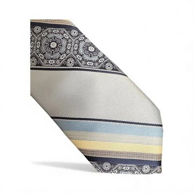 Corbata Damon Vintage Para Hombre Azul Crema Patrón Geométrico Rayas 56x3.25" Foto 1 de 4