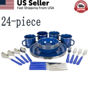 24 tlg Emaille Campinggeschirr Kochgeschirr Set Tassen Schüsseln Teller Gabeln Löffel blau - Bild 1 von 19