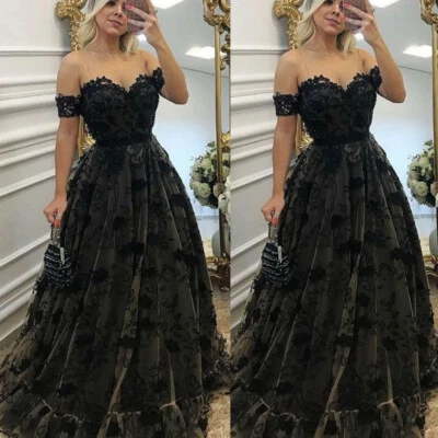Gothic Black Wedding Dresses Lace Appliques Off the Shoulder A Line Bridal Gowns - Image 1 of 4