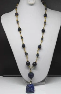 Vtg Chinese Lapis Lazuli Fish Plaque Pendant On Gold Tone beaded 24.25" Necklace - Picture 1 of 10